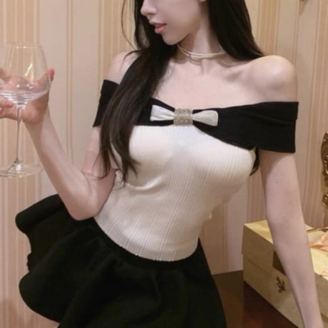Ribbon Off Shoulder Knit Tops