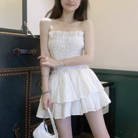 Shirring bare top dress 2色