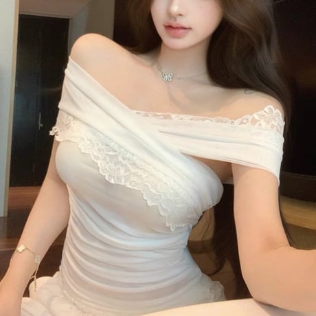 Off Shoulder Lace Drape Top 3色