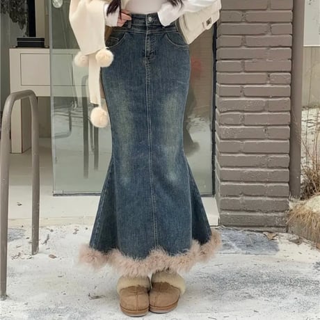 裾ファーデニムマーメイドスカート