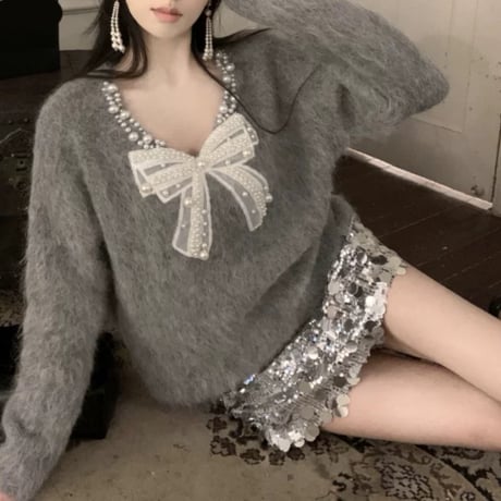 リボンデザインパール付きトップス2色