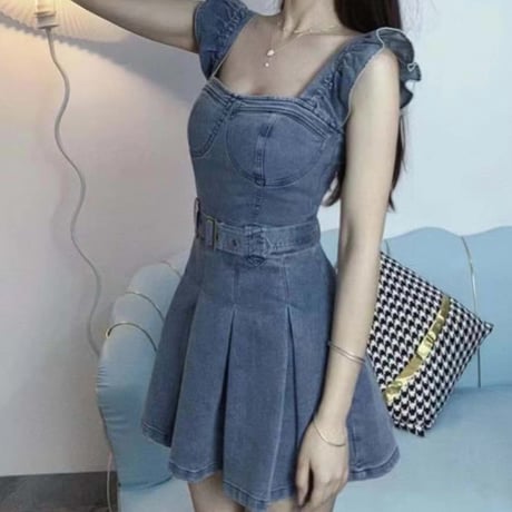 Denim Belted Pleats Dress
