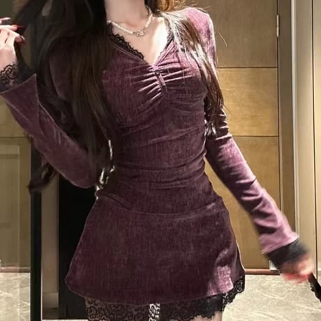 lace ドッキング長袖ワンピ 4色