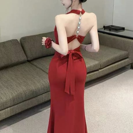 Back Jewel Halter Dress 3色
