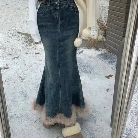 裾ファーデニムマーメイドスカート