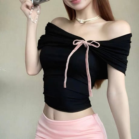 Black Ribbon Off Shoulder Top
