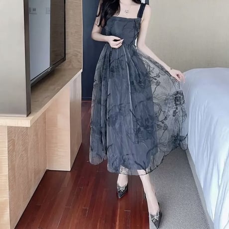 Black sheer flower long op