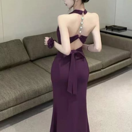 Back Jewel Halter Dress 3色