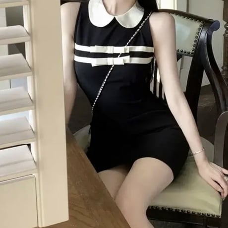 丸襟フロントリボンワンピ