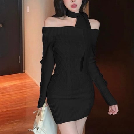 Ribbon Off Shoulder Knit Dress 3色