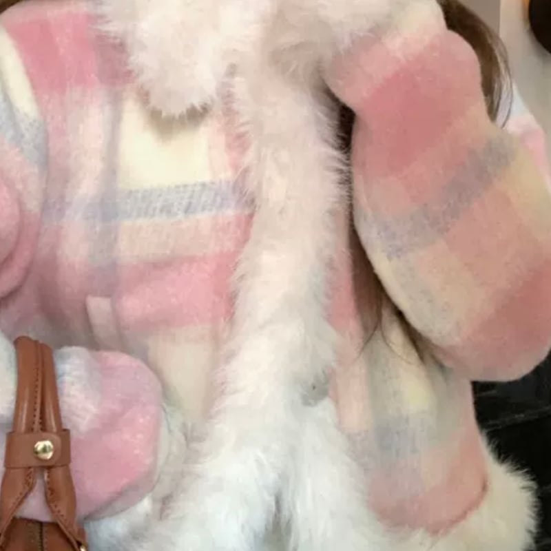 Megu様ハンドメイド♡♡ぷっくりハートのファーポニー ピンクチェック