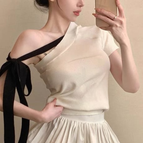 One shoulder ribbon tops 2色