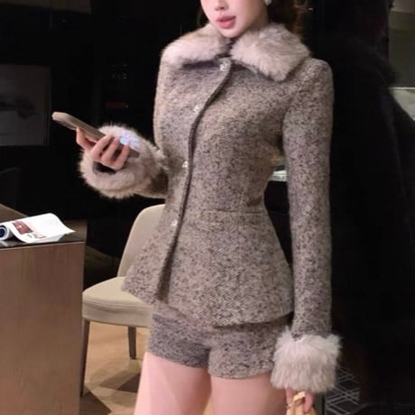 Fur Collar Tweed Short Set up