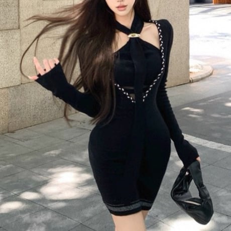 Ribbon Neck Cutout Dress 2色