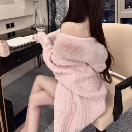Fur Hood Long Knit Coat