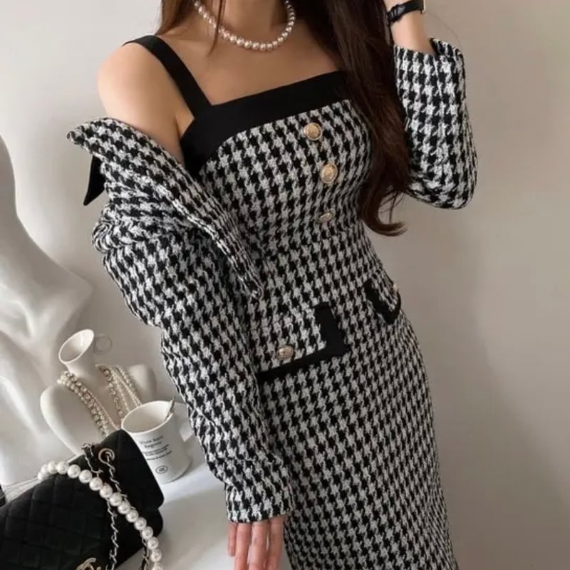 jiltu pattern dress ケープ 千鳥格子 千鳥柄 ニット リボン 【公式通販】