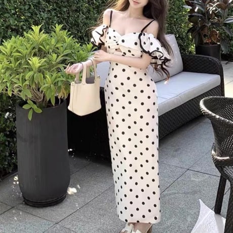 Dot frill off shoulder long dress 2色