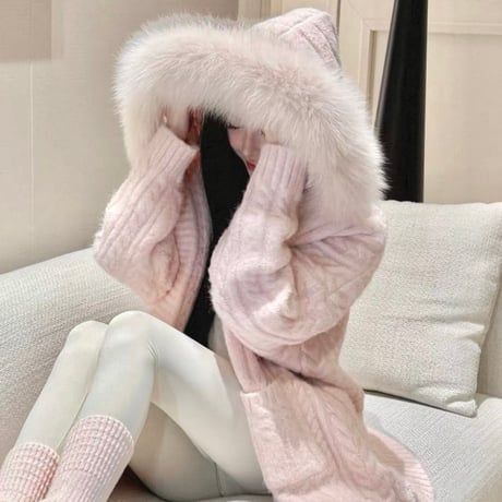 Fur Hood Long Knit Coat