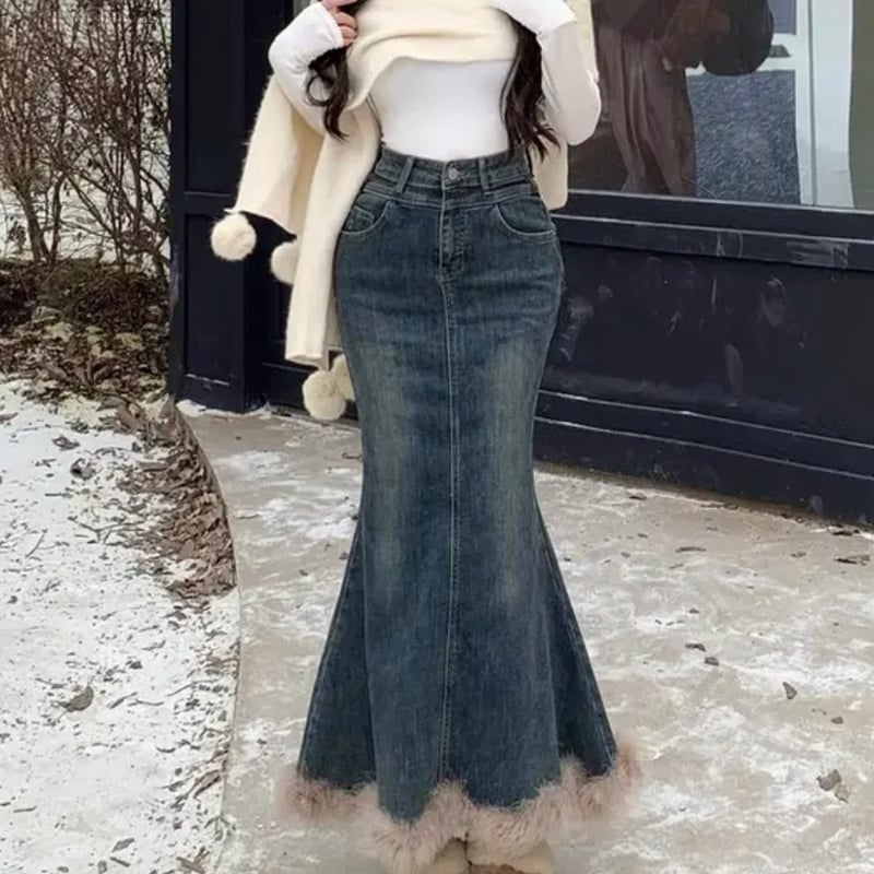 Ethique カラーデニム マーメイドスカート アシンメトリー 裾フリル  