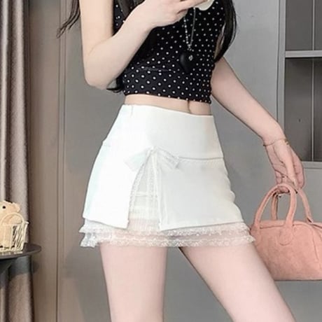 Lace ribbon mini skirt 2色
