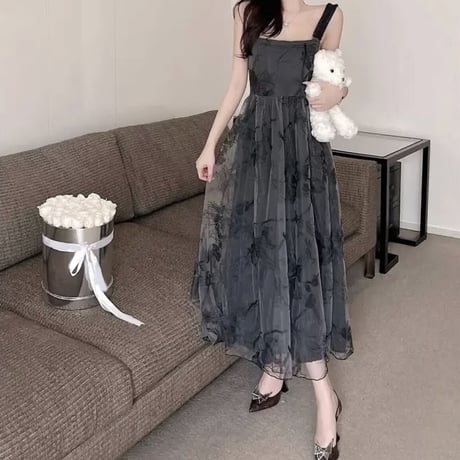 Black sheer flower long op