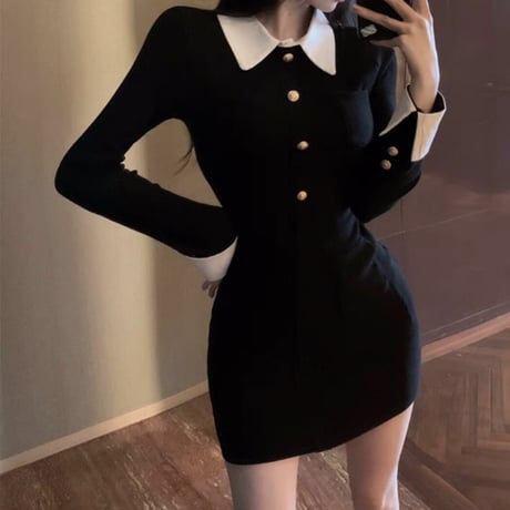 襟付きシンプルタイトblackワンピ