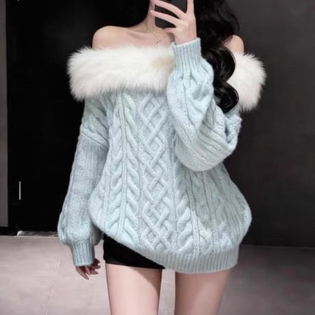 Fur Collar Cable Knit 3色