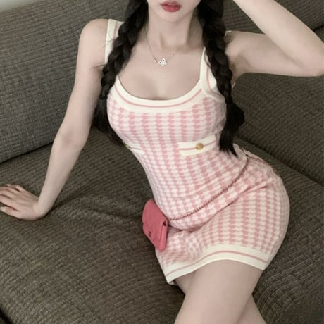pink 千鳥柄キャミワンピ