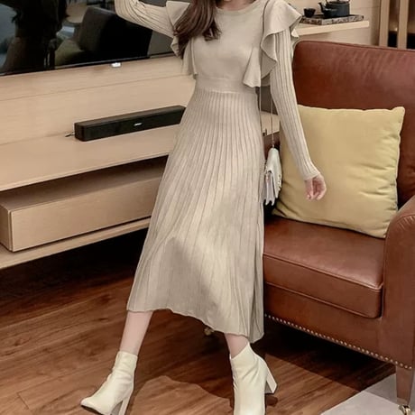 frill natural long onepiece 2色