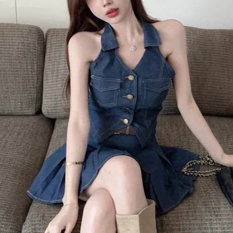 Denim Halter Pleated Set
