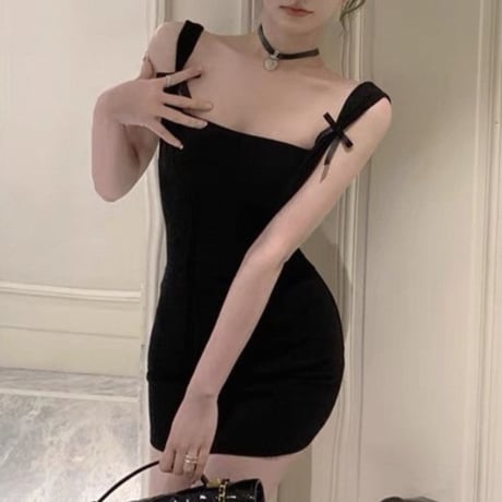 Shoulder Ribbon Mini Dress 2色