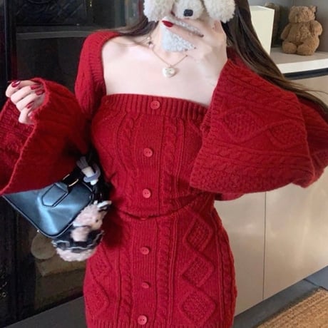 Cable Knit Cardigan Set 2色