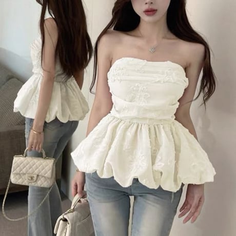 Floral Embroidery Peplum Top 2色