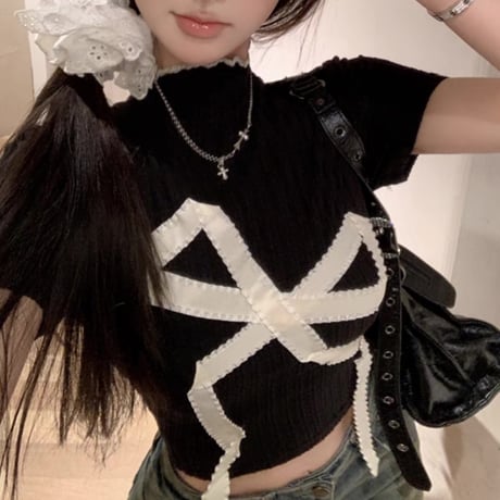 リボンデザイン半袖トップス