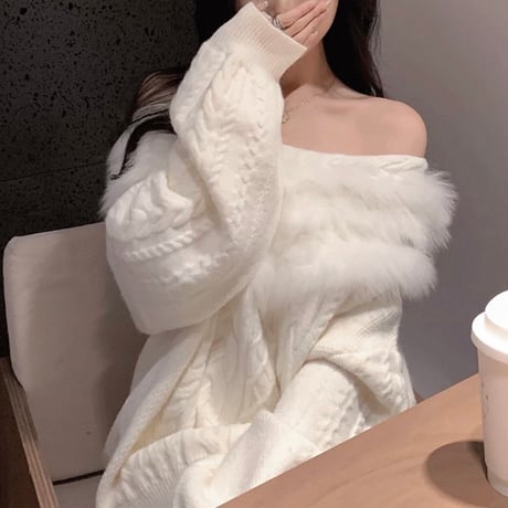Off Shoulder Fur Knit Onepiece 2色