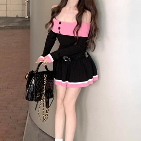 pink×black バイカラーニットワンピベルト付き