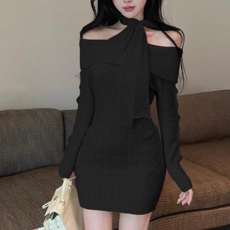 Ribbon Off Shoulder Knit Dress 3色