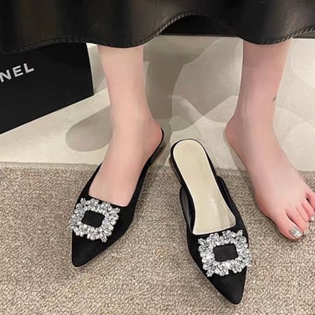 Crystal Buckle Pointed Mules 3色
