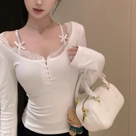 レース×リボン長袖トップス 2色