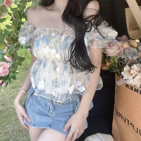 あやち様ご着用♡Blue×White flower tops