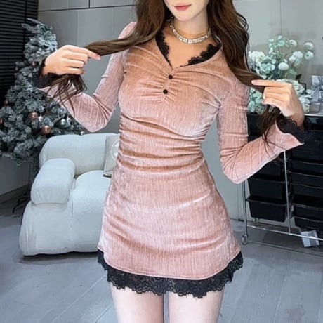 lace ドッキング長袖ワンピ 4色