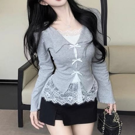 Ribbon Lace Layered Knit Top 5色
