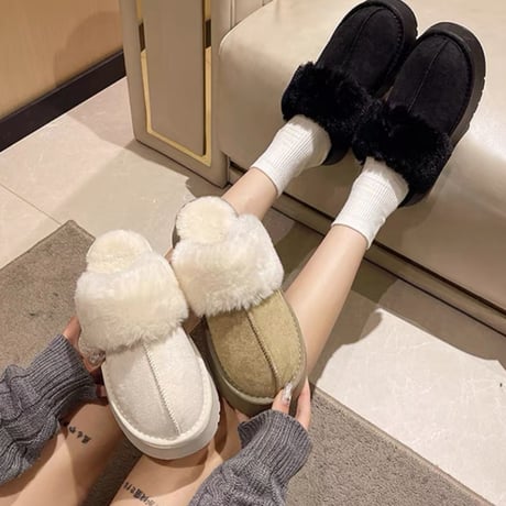 ファー付きフラットシューズ 3色