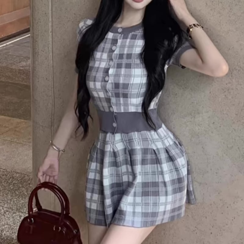 チェック柄半袖スカートセットアップ | ecrea