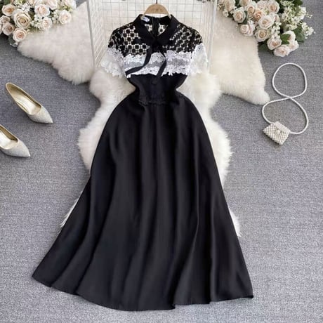 Black×White lace 半袖ワンピ