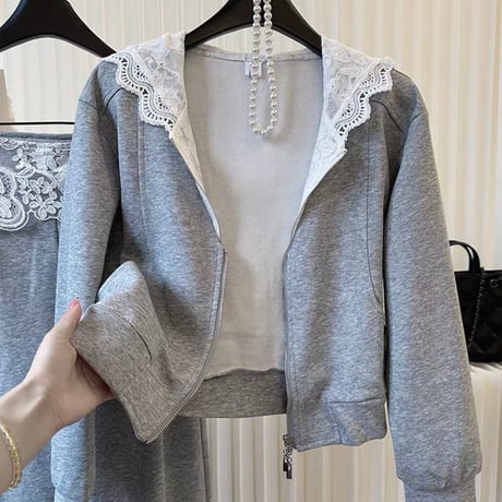 Lace Trim Zip Hoodie Set