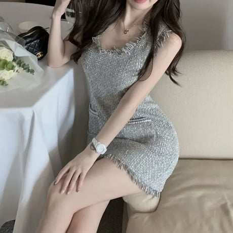 Gray fringe ノースリワンピ