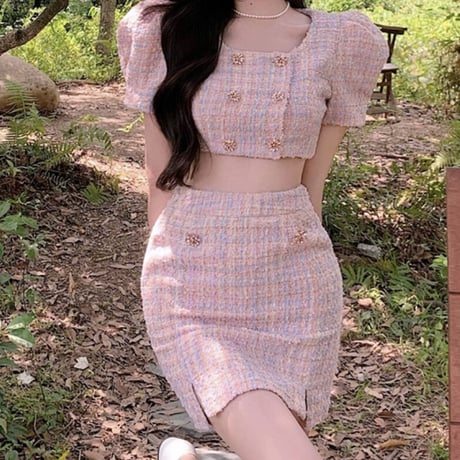 pink tweed 半袖セットアップ