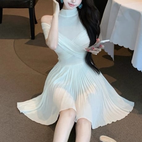 Mesh Shoulder Pleated Dress 2色