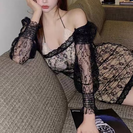 そらお様ご着用*.beige×black lace dress onepiece